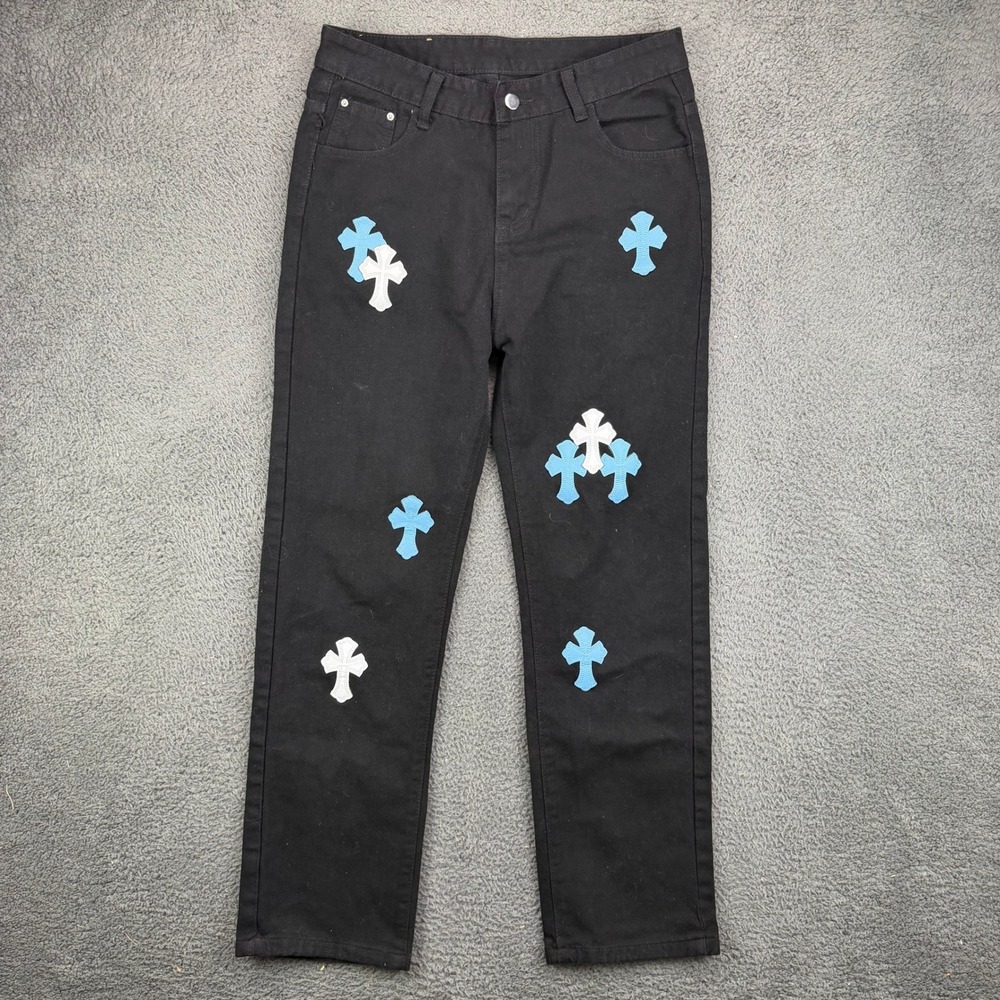 Chrome Hearts Style Cross Patch Black Denim Jeans Mens XL Blue White Applique